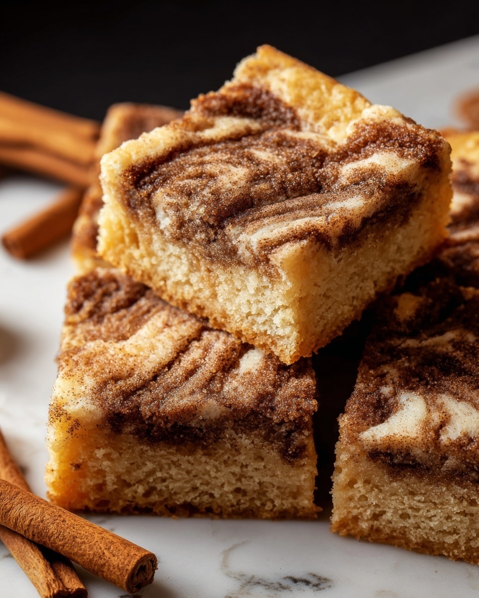 The image shows square pieces of a cinnamon swirl cake with two main visible layers: a soft, light golden-brown bottom cake layer and a marbled top layer featuring swirls of darker brown cinnamon powder mixed with lighter cream-colored batter. The cinnamon swirl creates a textured pattern across the surface, giving a rustic look. The pieces are stacked slightly, one on top of the other, and cinnamon sticks are placed casually in the background on a white marbled surface. The photo taken with an iphone --ar 4:5 --v 7