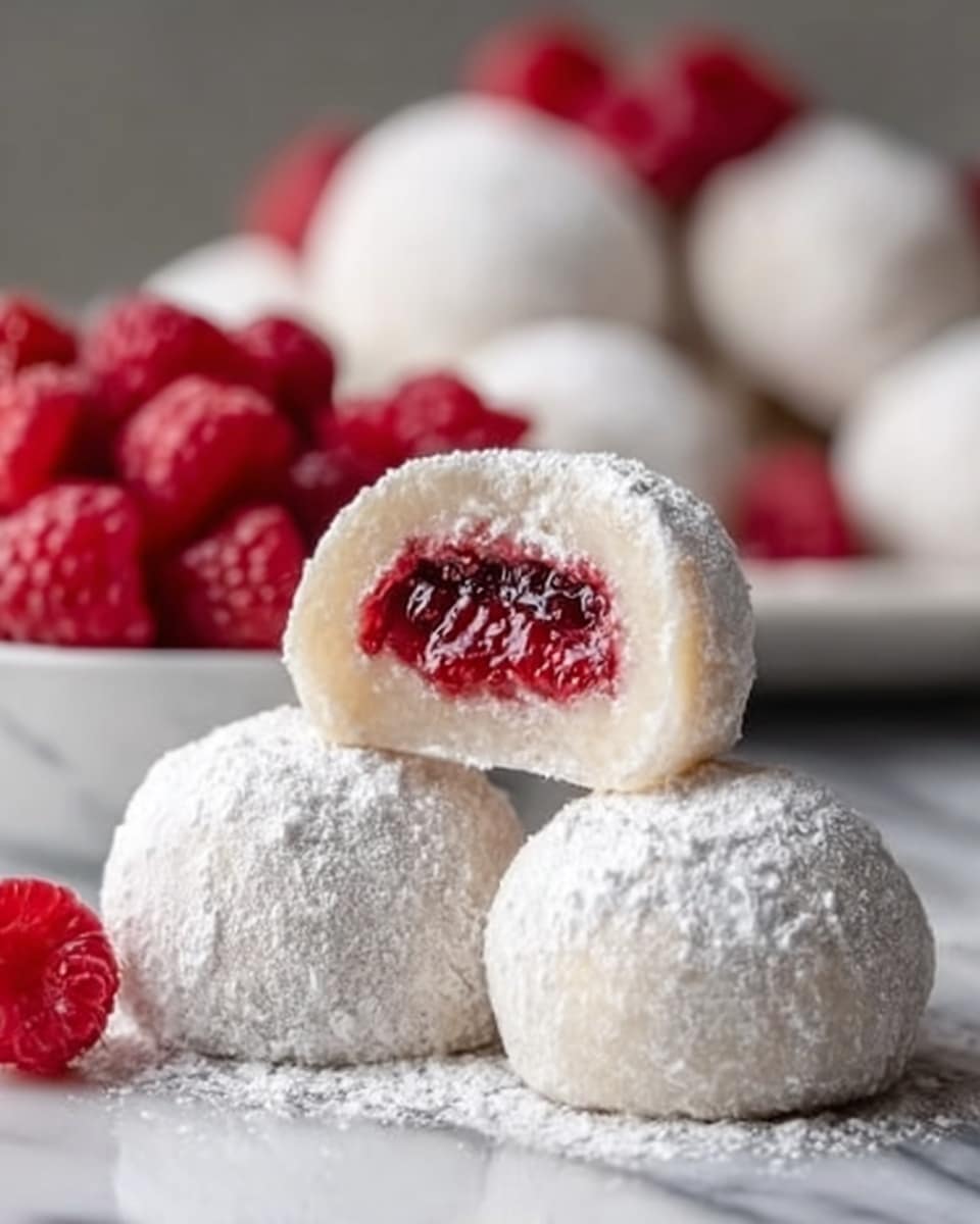The image shows three round white mochi balls dusted with white powdered sugar stacked in a small pyramid. The top mochi is cut in half, revealing a bright red raspberry jam filling inside with a smooth, slightly sticky texture. The mochi outer layer is soft and pale, almost creamy white, with a smooth and slightly powdery surface. In the blurred background, there is a white plate filled with fresh red raspberries, adding a vibrant color contrast. The whole scene is set on a white marbled surface. Photo taken with an iphone --ar 4:5 --v 7