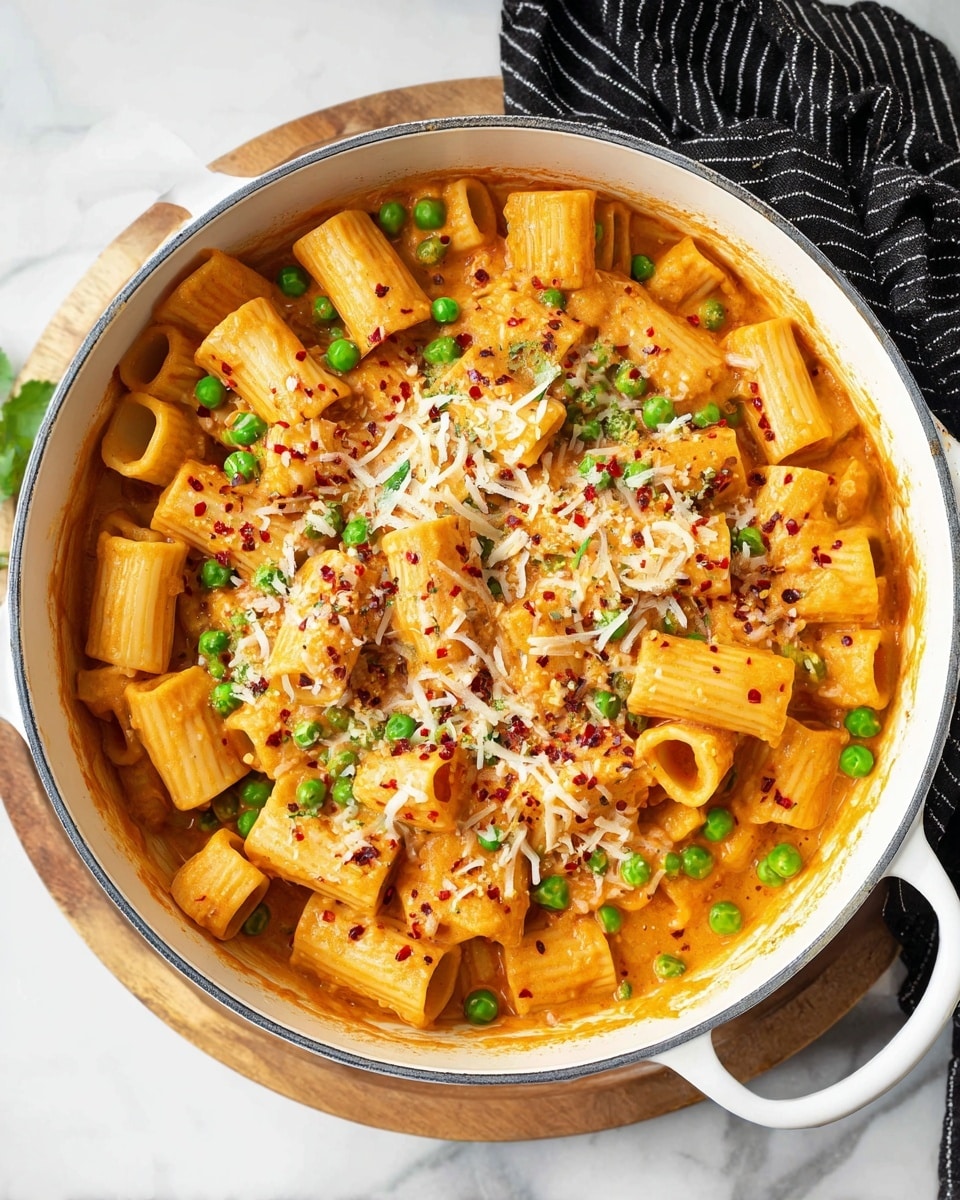 A white pan filled with chunky rigatoni pasta coated in a rich orange creamy sauce, scattered with bright green peas. The pasta and peas are topped generously with shredded pale yellow parmesan cheese and a sprinkle of red chili flakes, creating a contrast of colors and textures. The pan rests on a round wooden board placed on a white marbled surface, with a black and white striped cloth visible at the top right corner. Photo taken with an iphone --ar 4:5 --v 7