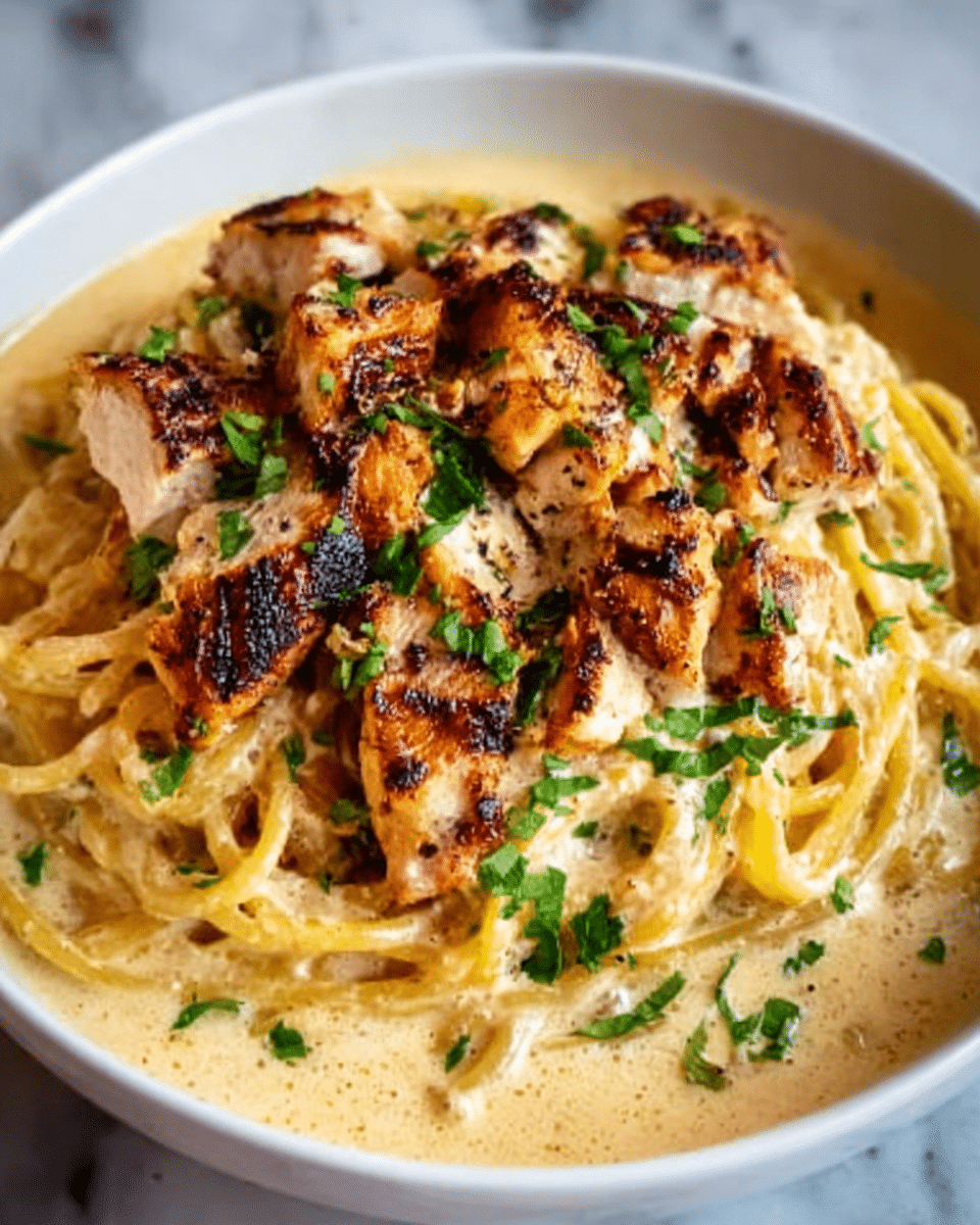 The image shows a bowl of creamy pasta served in a white bowl. The dish has three main layers: the bottom layer is spaghetti coated in a smooth, creamy sauce that is pale yellow; the middle layer consists of chunks of grilled chicken with browned, slightly crispy edges scattered evenly on top; the top layer is sprinkled with fresh green herbs, adding a pop of color. The bowl is placed on a white marbled surface. Photo taken with an iphone --ar 4:5 --v 7
