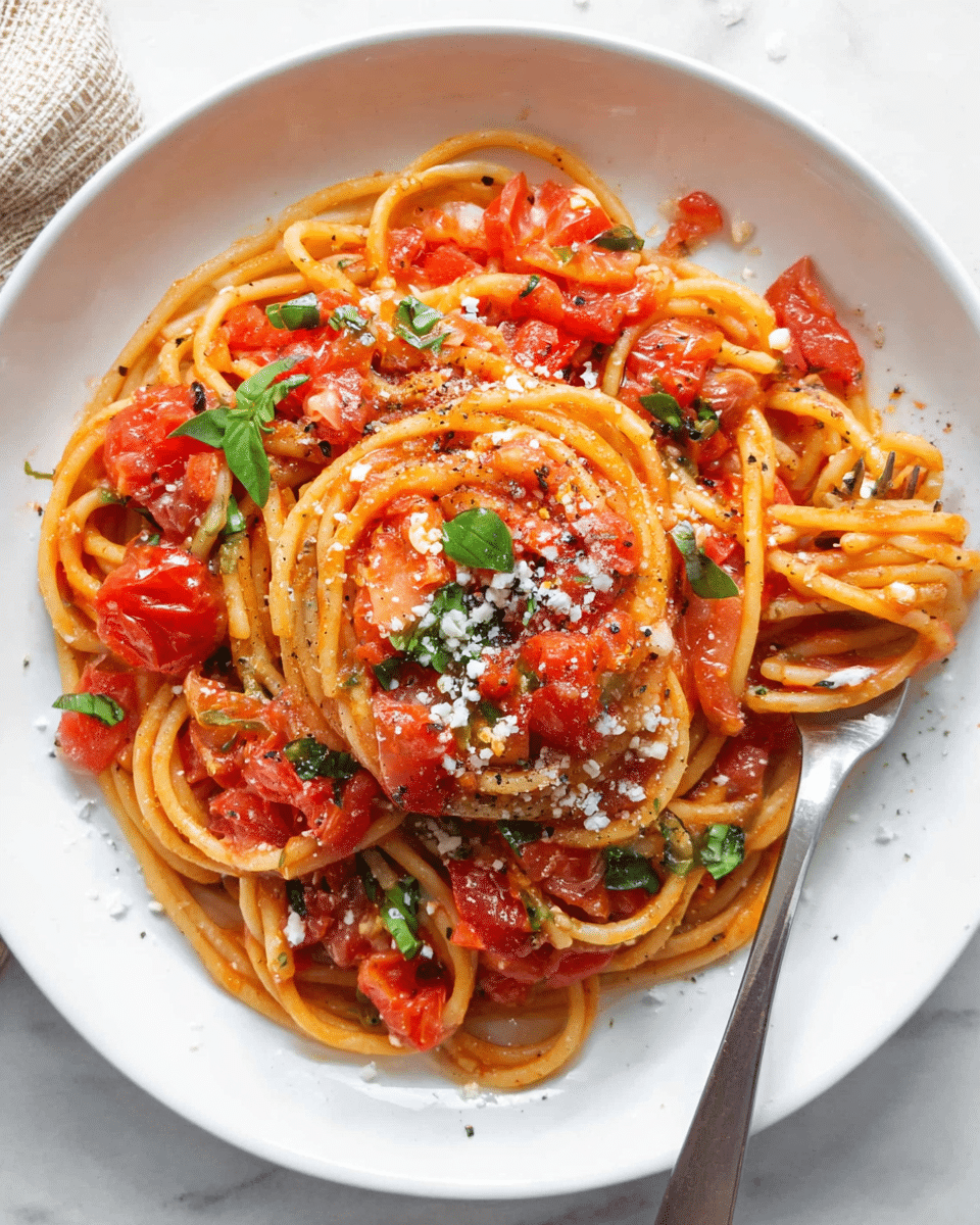 A white plate holds a serving of spaghetti coated with a bright red tomato sauce mixed with chunks of fresh tomatoes. The noodles are twisted around a silver fork placed on the right side of the plate. Scattered on top are small green basil pieces and white grated cheese, with some black pepper sprinkled throughout. The plate rests on a white marbled surface. photo taken with an iphone --ar 4:5 --v 7