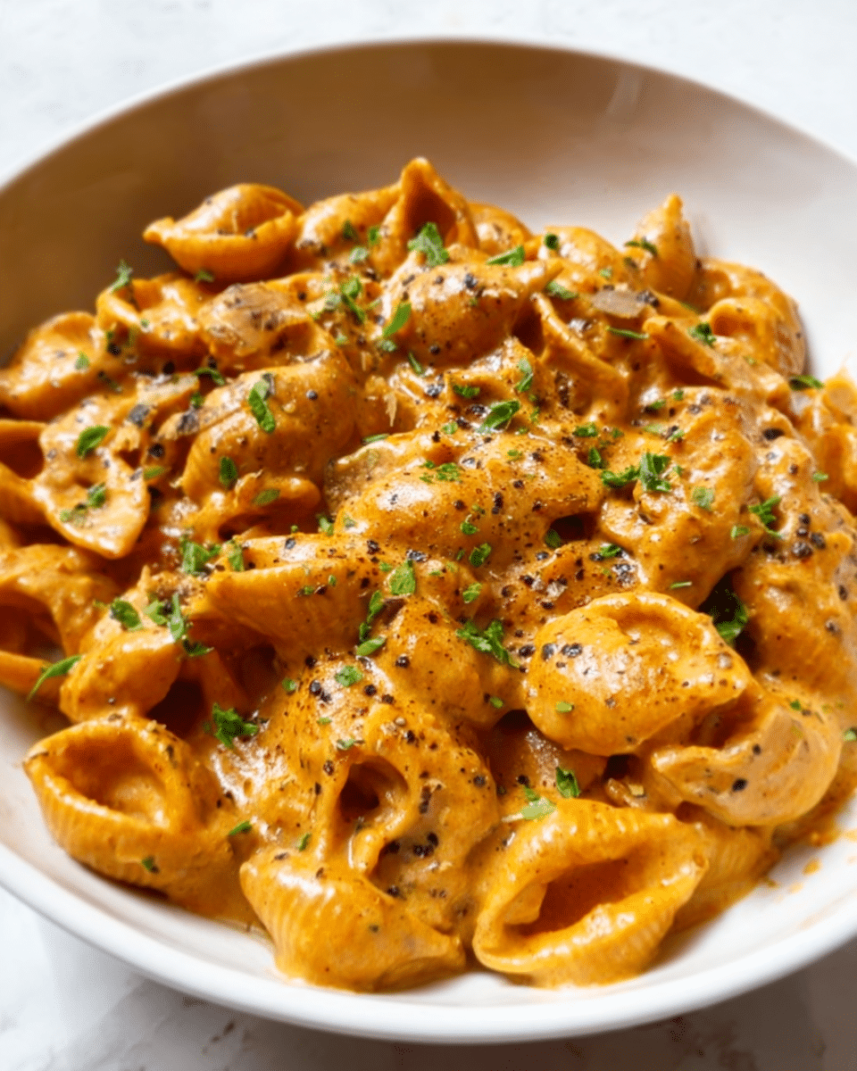 A white bowl filled with creamy pasta, showing about three layers: at the bottom some shells soaked in sauce, the middle layer is rich, thick, orange-colored sauce coating the pasta evenly, and the top layer has small green herbs sprinkled across, adding texture and color contrast. The sauce looks smooth and shiny with some black pepper flakes visible. The background is a white marbled texture. photo taken with an iphone --ar 4:5 --v 7