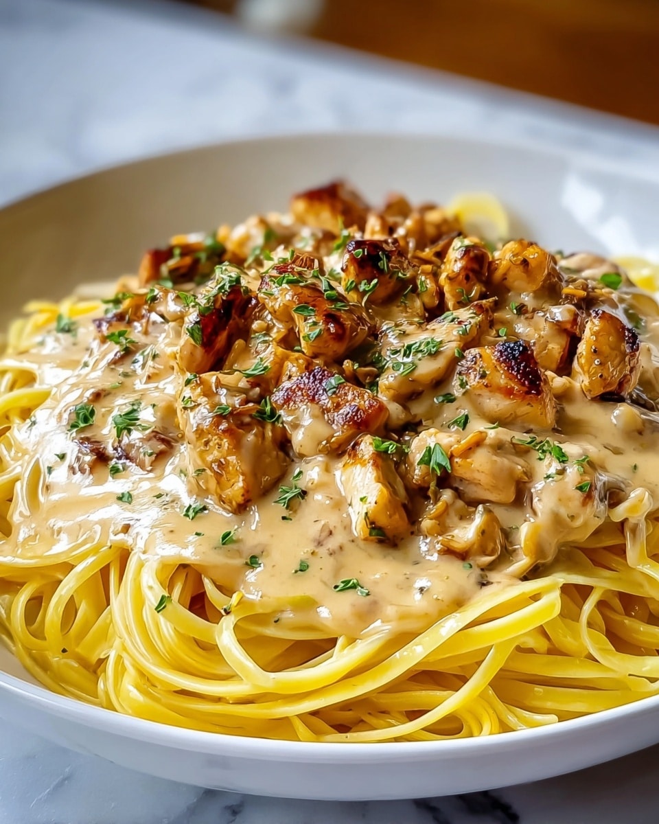 A white plate holds a serving of spaghetti, laid in a loose circular pile with a light golden color and smooth texture. On top, there is a creamy beige sauce covering the pasta unevenly, with specks of seasoning visible in the sauce. Scattered across the creamy layer are chunks of grilled chicken, browned and slightly charred, giving a textured contrast with their golden-brown and crisp outer surface. Small pieces of green herbs are sprinkled on top, adding a fresh touch of color. The photo is taken on a white marbled surface. photo taken with an iphone --ar 4:5 --v 7