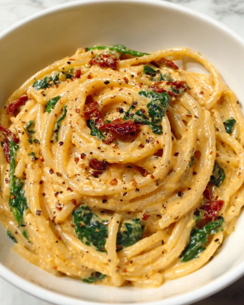 A close-up view of creamy pasta in a white bowl placed on a white marbled surface, showing one main layer of thick spaghetti noodles coated in a smooth, orange-yellow sauce with visible herbs and spices. Within the pasta, bright green spinach leaves and dark red bits of sun-dried tomatoes are mixed evenly throughout, creating spots of contrasting color. The texture is glossy and rich, with specks of black pepper scattered on top, giving it a slightly rugged look. The pasta strands are twirled loosely in a natural way, emphasizing the creaminess of the sauce and fresh ingredients photo taken with an iphone --ar 4:5 --v 7