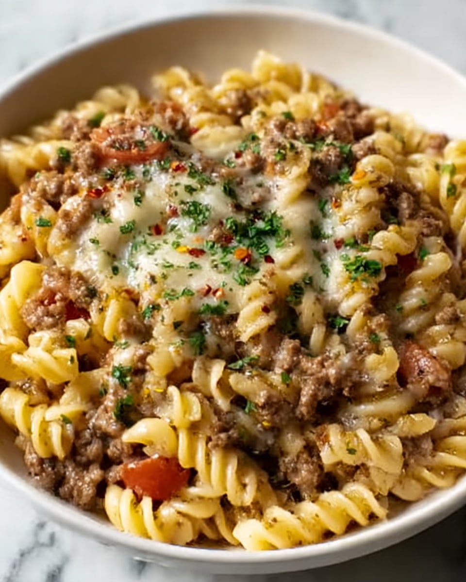 A close-up of a white bowl filled with curly pasta mixed with ground meat and small pieces of tomato. The pasta is light yellow and soft, intertwined with the brown cooked meat and bits of red tomato scattered throughout. On top, there is melted cheese covering the meat and pasta in a thin, creamy layer with a few green herb sprinkles and small red chili flakes adding texture. The bowl sits on a white marbled surface. Photo taken with an iphone --ar 4:5 --v 7