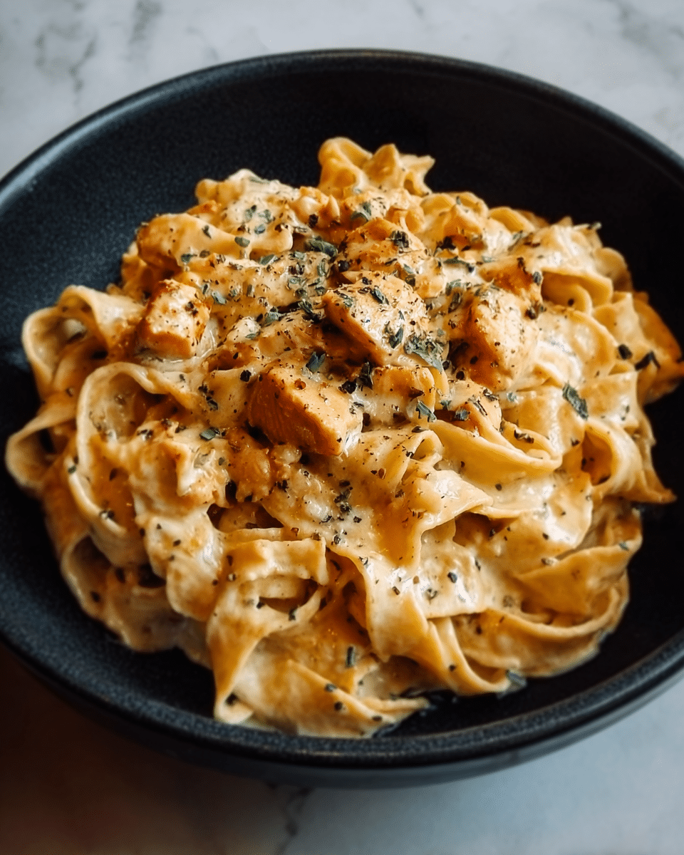 A black bowl filled with creamy pasta made of flat noodles in a rich, light orange sauce. On top, small pieces of grilled chicken with a golden-brown color are spread evenly. The pasta is sprinkled with finely chopped green herbs and black pepper, adding tiny specks of green and black. The texture of the sauce looks smooth and thick, covering the pasta well. The bowl sits on a white marbled surface. photo taken with an iphone --ar 4:5 --v 7