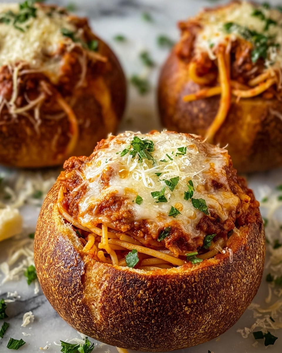The image shows three bread bowls filled with spaghetti and meat sauce, each topped with a layer of melted, golden-brown cheese sprinkled with small green parsley pieces. The bread bowls have a dark brown, crispy crust exterior with the top hollowed out to hold the spaghetti. The spaghetti inside is thick and coated with a rich red meat sauce, with some noodles spilling over the edges. The background is a white marbled surface with small bits of cheese and parsley scattered around. Photo taken with an iphone --ar 4:5 --v 7