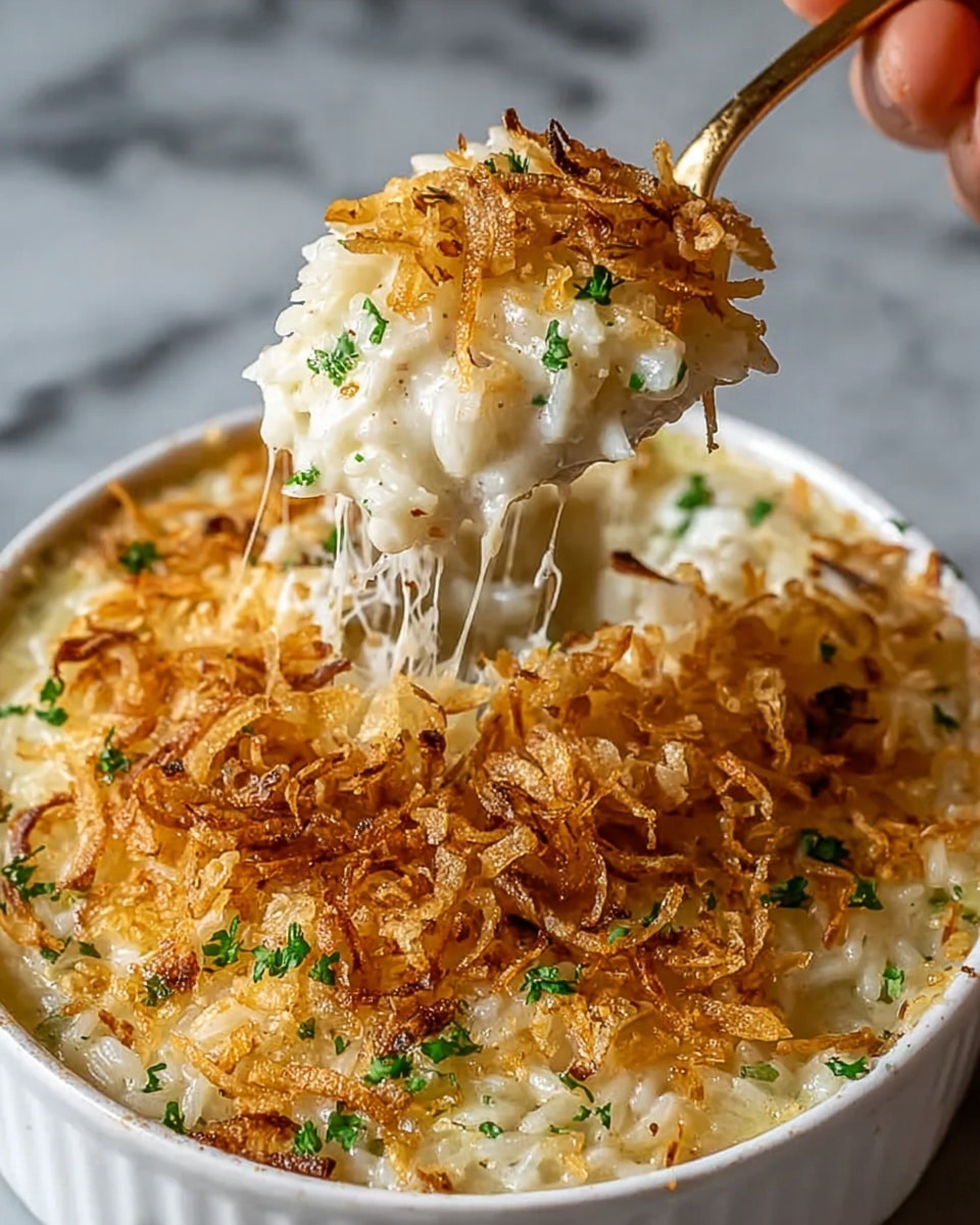 A white ceramic dish filled with creamy white rice that is smooth and slightly thick, speckled with small green herb pieces throughout. The top layer is a golden-brown crispy crust made of thin, crunchy fried onions scattered evenly across the surface. A spoon, held by a woman's hand, lifts a portion from the dish, revealing the gooey, stretchy texture of melted cheese beneath the crispy layer. The background is a white marbled surface, adding a clean and bright feel to the image. photo taken with an iphone --ar 4:5 --v 7