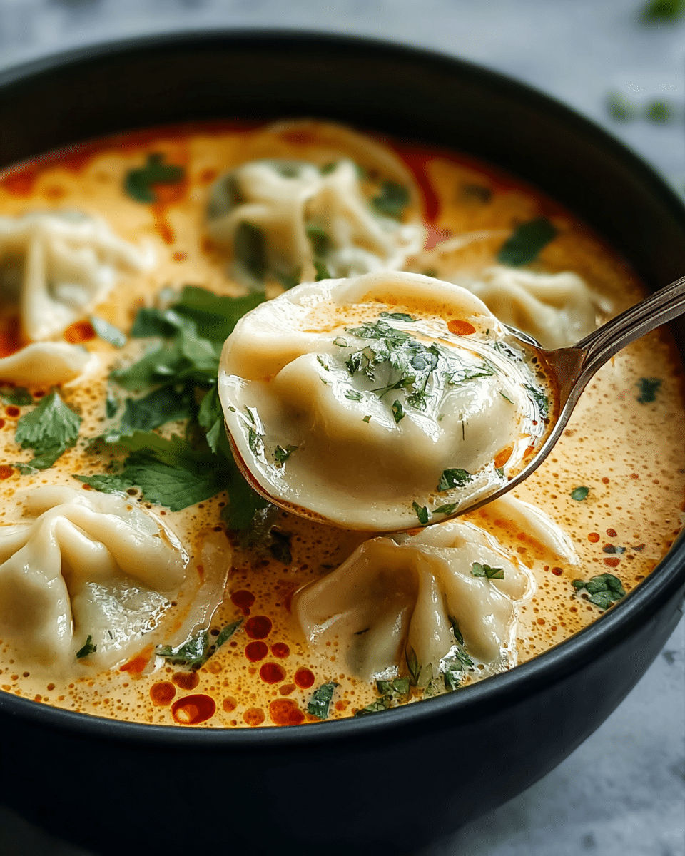 The image shows a close-up of a black bowl filled with creamy orange soup, dotted with small red oil drops and fresh green herb leaves floating on top. Inside the soup, there are several light beige dumplings with a folded texture, one of which is lifted on a silver spoon, revealing its hollow center filled with herbs. The scene has a warm, inviting feel, with both the soup and dumplings appearing soft and smooth in texture. The bowl rests on a white marbled surface, adding a clean and bright contrast to the rich colors of the soup. photo taken with an iphone --ar 4:5 --v 7
