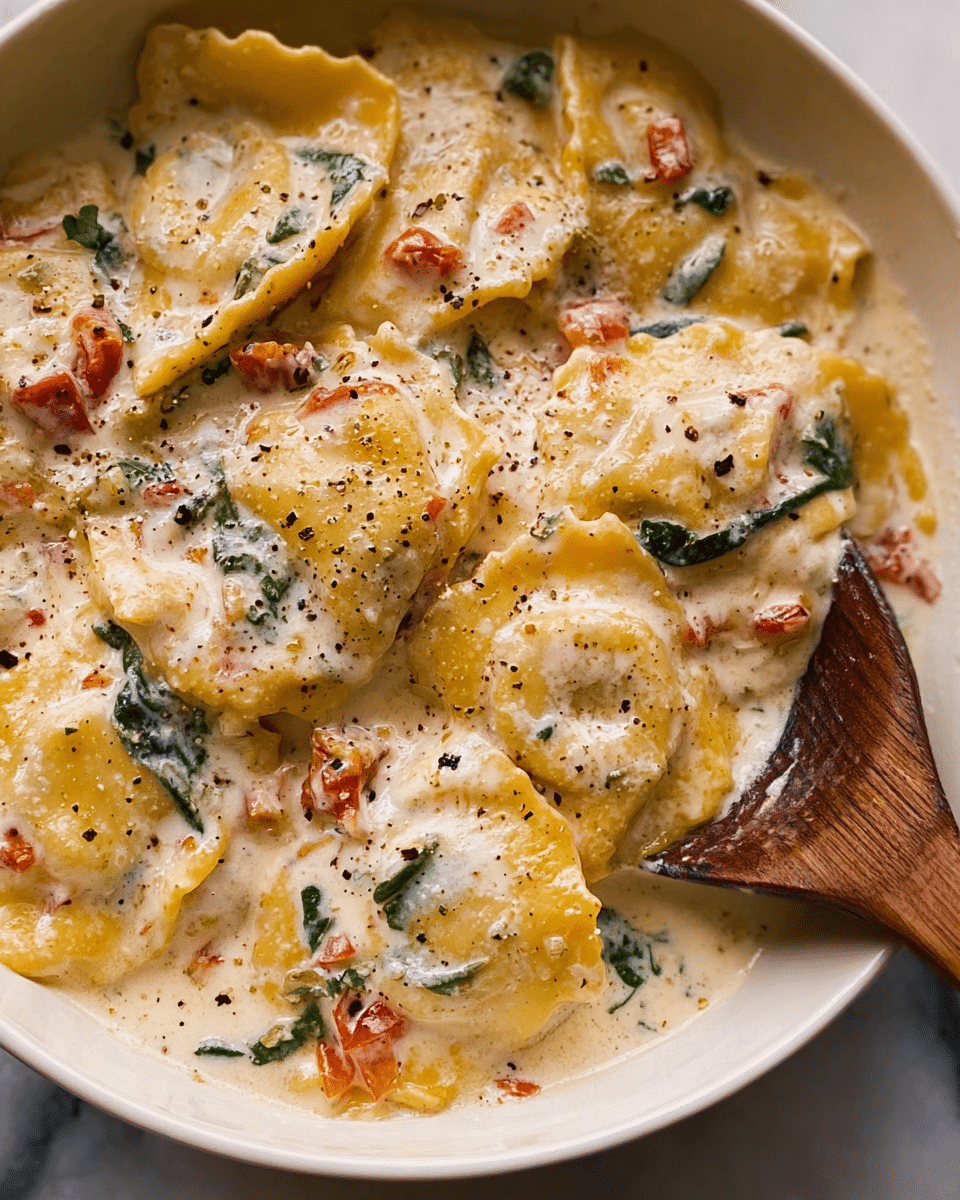 The image shows ravioli pasta covered in a creamy white sauce with small bits of diced tomato and green leafy herbs mixed throughout. The ravioli pieces are yellowish and have a slightly wrinkled texture, scattered evenly in the sauce. The sauce looks rich and smooth with a few specks of black pepper on top. A wooden spoon is partially visible on the right side, resting in the sauce. The dish is served in a white bowl placed on a white marbled surface. Photo taken with an iphone --ar 4:5 --v 7