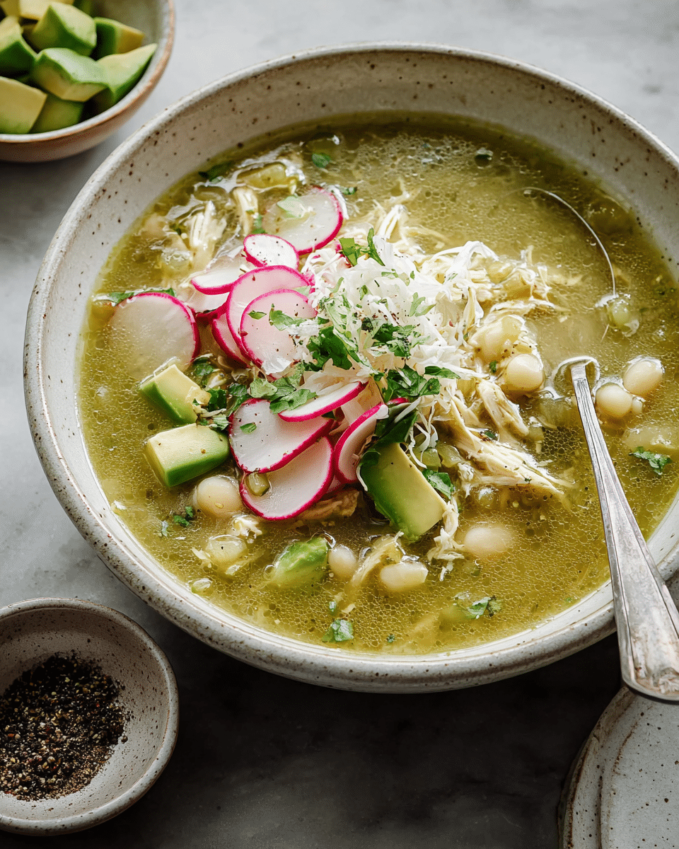 A rustic bowl filled with green broth soup that has a slightly oily texture, with visible small chunks of white shredded chicken and hominy scattered throughout. On top, there are finely shredded white cabbage piled in the center, with bright pink-edged thinly sliced radishes arranged around it. Small cubes of ripe green avocado and fresh green cilantro leaves are also placed on the surface, adding fresh color contrast. A silver spoon rests inside the bowl, which has a light speckled off-white finish. The bowl sits on a white marbled texture surface with a small matching bowl of cracked black pepper nearby. photo taken with an iphone --ar 4:5 --v 7