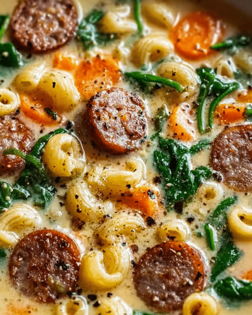 This close-up image shows a creamy soup with macaroni pasta and sliced sausages. The soup has a light golden color with visible pieces of cooked carrots adding bright orange spots. Fresh spinach leaves in dark green are scattered throughout. The sausages are brown with a coarse texture, and there is a light sprinkle of black pepper on the surface. The overall texture looks creamy with a smooth, slightly thick broth. The photo was taken with an iphone --ar 4:5 --v 7