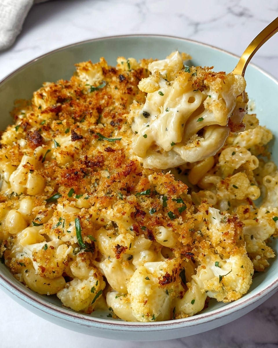 A close-up of a creamy baked macaroni and cheese dish served in a white bowl with a light blue rim, placed on a white marbled surface. The dish has two main layers: the bottom layer is a soft, smooth, pale yellow cheese sauce holding elbow pasta and small browned cauliflower florets mixed with small pieces of cooked onion. The top layer shows a slightly darker golden-brown crispy breadcrumb topping scattered unevenly, giving a crunchy texture. Small green herb bits are mixed throughout the dish, adding color contrast. A gold spoon is inserted into the dish, lifting some of the creamy pasta and crumb topping. Photo taken with an iphone --ar 4:5 --v 7