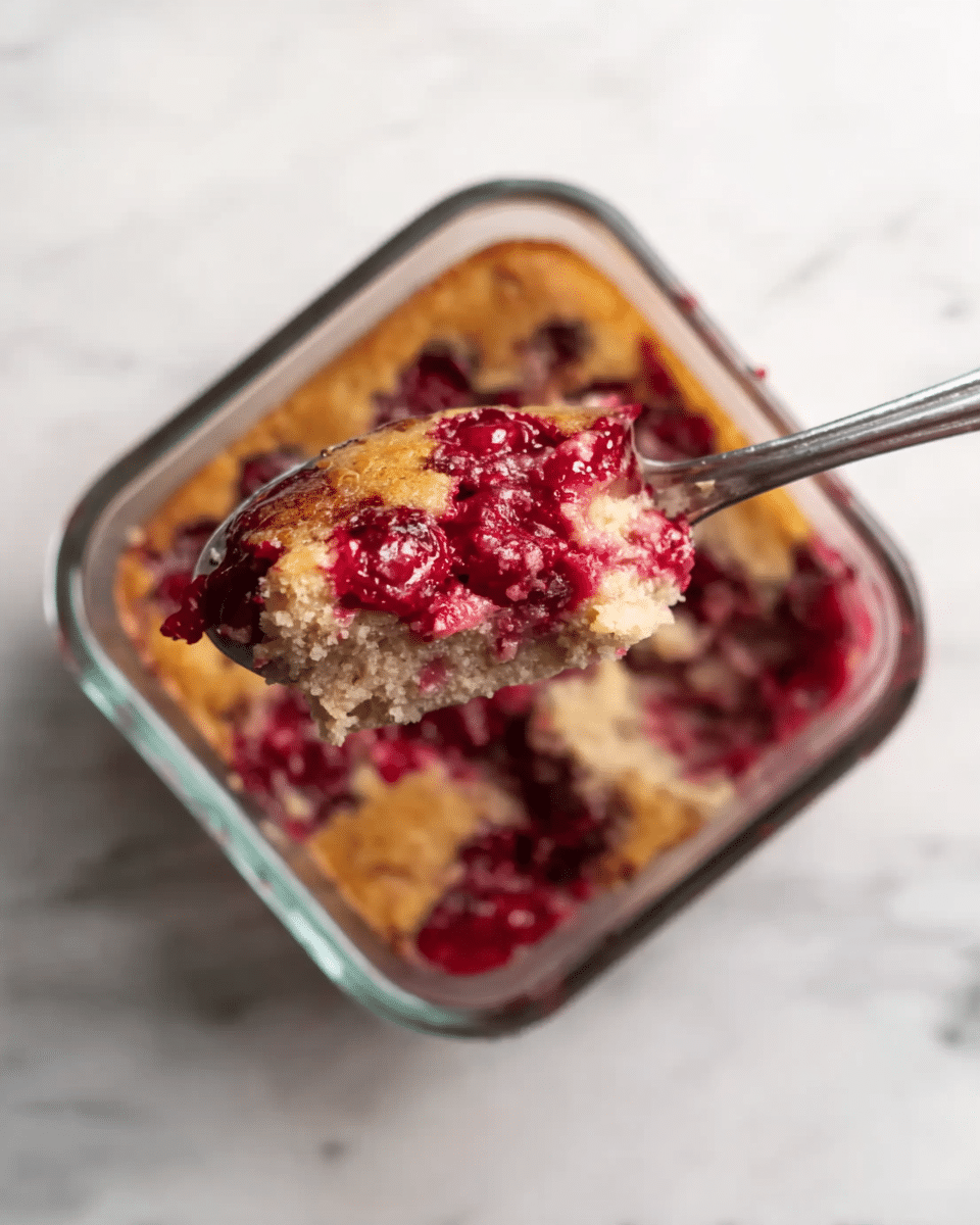 This image shows a square glass container filled with a baked dessert that has two clear layers. The bottom layer is light beige and has a soft, grainy texture. The top layer is a mix of bright red and deep pink raspberries that are slightly sunken into the golden-brown baked crust. A metal spoon is lifting a portion of the dessert, revealing both the creamy bottom layer and the fruit-topped crust. The container is placed on a white marbled surface. photo taken with an iphone --ar 4:5 --v 7
