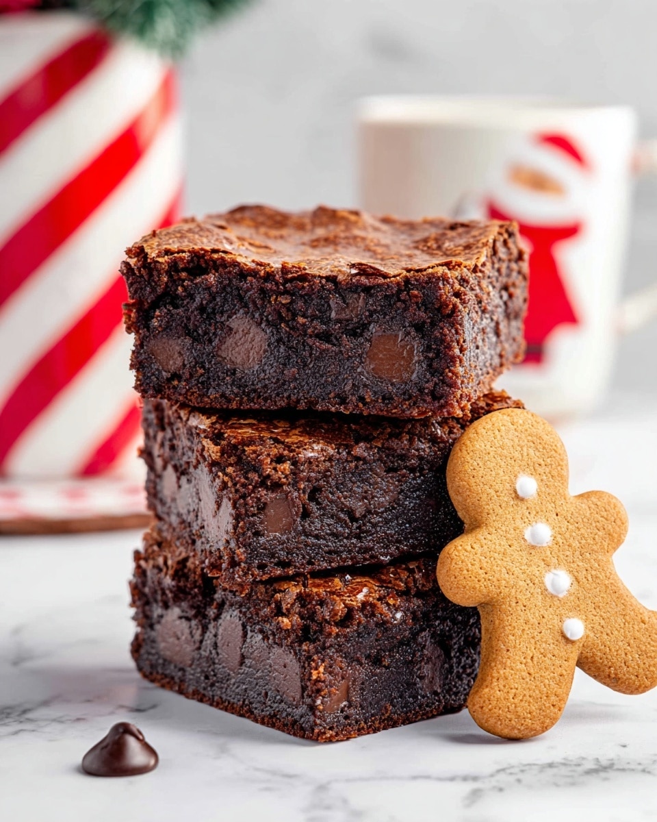 A stack of three thick, moist brownies is placed at the center, each layer showing a rich dark brown color with visible chocolate chunks inside, and a slightly crackled top. In front of the stack, there is a small gingerbread cookie shaped like a person with two white icing dots on its body. Behind the brownies, a red and white Santa-themed mug is slightly out of focus. The whole scene sits on a white marbled surface with soft, bright lighting that highlights the textures of the brownies and cookie. Photo taken with an iphone --ar 4:5 --v 7