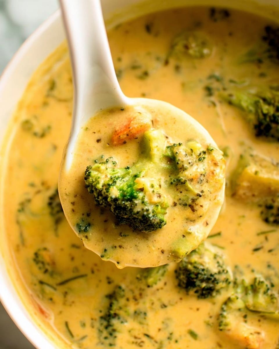 A white bowl filled with creamy cheesy soup that has a thick texture and a pale yellow color, showing pieces of bright green broccoli florets and chunks of soft orange and beige potatoes mixed inside. A green ladle is scooping the soup, with the soup dripping slightly from its edge, all set against a white marbled surface. The soup looks rich and smooth with visible herbs and spices scattered in the creamy broth. Photo taken with an iphone --ar 4:5 --v 7
