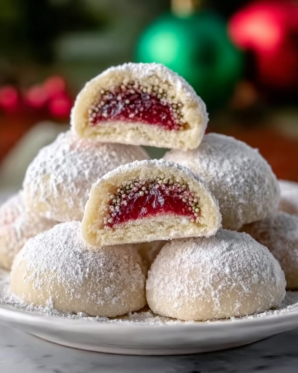 The image shows a white plate filled with round, small, soft cookies layered in two parts: the outside layer is smooth, pale beige dough dusted heavily with white powdered sugar, and the inside layer reveals a bright red filling with a slightly crumbly texture, suggesting berries or jam. One cookie is cut in half and placed on top, exposing the vibrant red filling that contrasts with the pale outer dough. The plate sits on a white marbled surface with a blurred background. Photo taken with an iphone --ar 4:5 --v 7