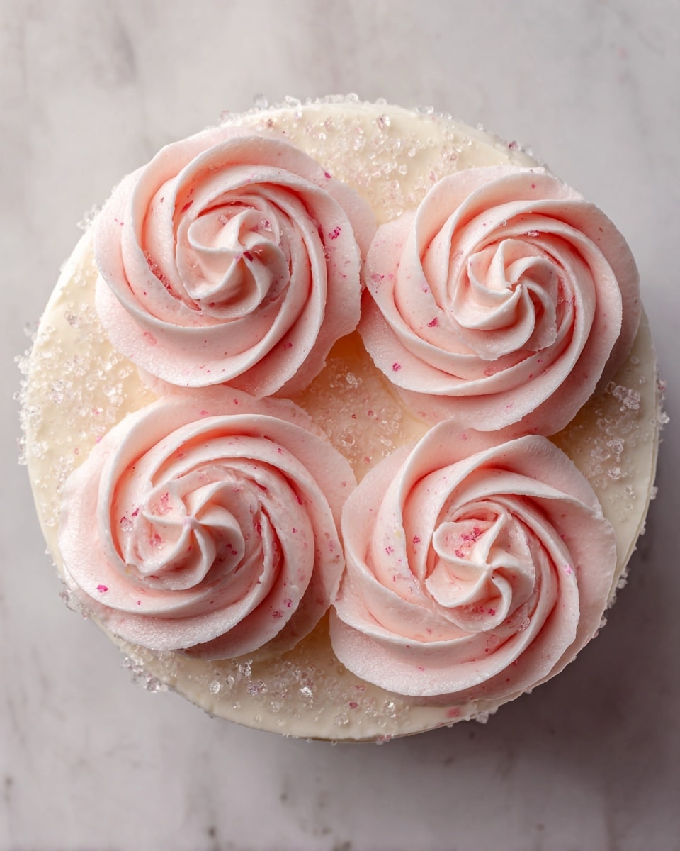 A round, white cake with a smooth, creamy white frosting covering the entire top surface is shown. On top of the cake, there are four evenly spaced swirls of pink frosting, each with a delicate, piped texture and a soft, rose-like shape. Around the edge of the cake and slightly spilling onto the white marbled texture surface below, there are scattered sparkling silver sugar crystals adding a shimmering effect. The overall look is soft, elegant, and festive. photo taken with an iphone --ar 4:5 --v 7