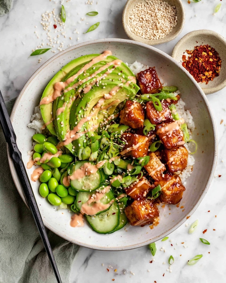 The image shows a bowl of food with three main layers. The bottom layer is white rice with a soft texture, covering the whole base of the bowl. On top of the rice, there are bright green edamame beans scattered mostly on one side, with some sliced cucumber pieces adding a fresh, slightly translucent green circle shape. On the other side, there are sliced avocado pieces in a vibrant green color, smooth and creamy in texture, drizzled with a light beige sauce. The top layer has medium-sized browned tofu cubes with a crispy texture, coated in a shiny sauce and sprinkled with white sesame seeds and red pepper flakes. The bowl is white with a light speckled pattern, set on a white marbled texture surface. Black chopsticks rest on the left side of the bowl. Photo taken with an iphone --ar 4:5 --v 7
