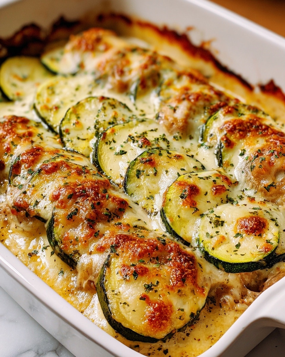 A close-up view of a baked dish in a white rectangular baking dish, featuring three rows of thick zucchini slices layered on top of golden browned chicken pieces. Each piece is topped with melted cheese that is bubbly and slightly browned, speckled with green herbs for garnish. The zucchini slices are green with a smooth, moist texture, contrasting with the rich, creamy cheese and the tender-looking chicken beneath. The white marbled surface underneath the baking dish adds a clean, fresh backdrop to the warm, inviting colors of the food. photo taken with an iphone --ar 4:5 --v 7