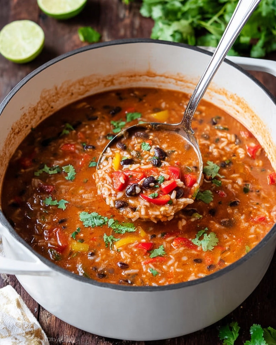 A white pot filled with a thick, orange-brown soup rich with visible black beans, white rice, and colorful strips of red, yellow, and orange peppers. The soup is garnished with fresh green cilantro leaves scattered on top. A metal ladle is lifting a spoonful from the pot, showing the mixture’s hearty texture and vibrant pieces, resting on a wooden surface with some lime halves and cilantro leaves around. The background is a white marbled texture. Photo taken with an iphone --ar 4:5 --v 7