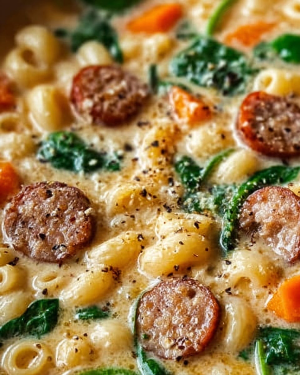 This close-up image shows a creamy soup filled with visible layers of small pasta shells, round slices of brown sausage, bright orange carrot slices, and dark green spinach leaves. The creamy broth has a smooth texture with small black pepper flakes sprinkled on top. The ingredients float evenly in the broth, creating a mix of colors and textures across the dish. The photo is taken against a white marbled surface, making the colors pop clearly. photo taken with an iphone --ar 4:5 --v 7