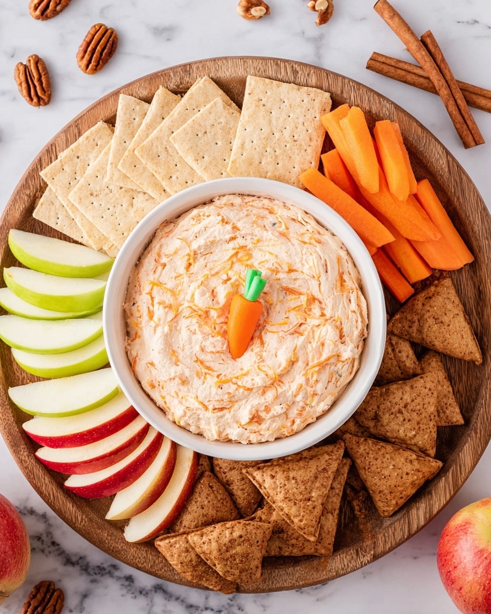 A round wooden board holds a white bowl filled with creamy carrot dip that shows small orange carrot bits mixed in, topped with a small decorative carrot made of fondant or similar. Around the bowl are four sections of snacks: pale tan rectangular crackers with small holes on the top side, neatly arranged in a fan shape; sliced red apple wedges on the left side; green apple wedges on the right side; and golden-brown pita chips at the bottom. The board sits on a white marbled surface with some pecans, cinnamon sticks, and orange carrot sticks scattered around. Photo taken with an iphone --ar 4:5 --v 7