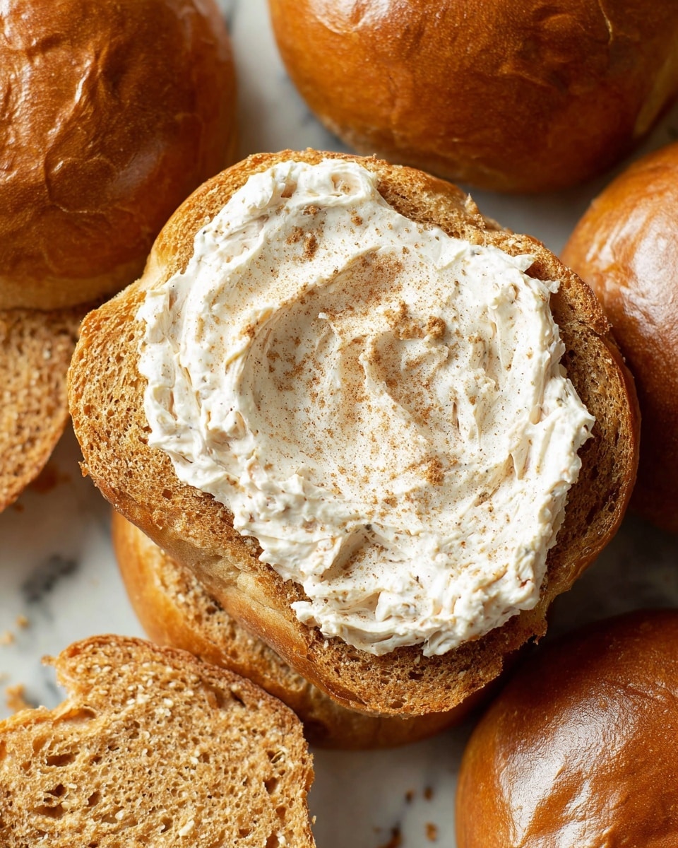The image shows a close-up of a round, split cinnamon roll with two layers: the bottom layer is a soft, golden brown dough with a slightly textured surface, and the top layer is a thick, creamy white frosting generously spread with visible specks of cinnamon mixed in, sprinkled lightly with brown cinnamon powder on top. Surrounding the main roll are more whole cinnamon rolls, all with a shiny, golden brown crust, placed on a white marbled surface. The texture of the dough looks fluffy and moist, complementing the creamy, smooth frosting layer on the cut roll. Photo taken with an iphone --ar 4:5 --v 7