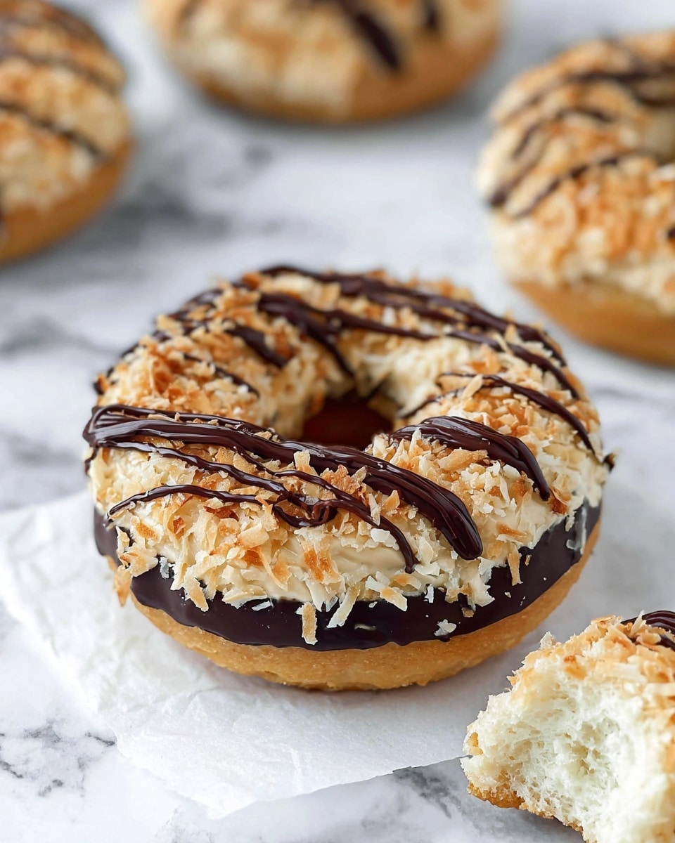 A close-up of a donut resting on white parchment paper over a white marbled surface, showing three layers: a dark chocolate layer coating the bottom, a thick light brown caramel or peanut butter layer covering the top, and a generous topping of toasted golden brown coconut flakes sprinkled all over. Thin drizzles of dark chocolate zigzag across the top, adding contrast and texture. A second donut with a bite taken out reveals a soft, fluffy, cream-colored interior beneath the toppings. Photo taken with an iphone --ar 4:5 --v 7