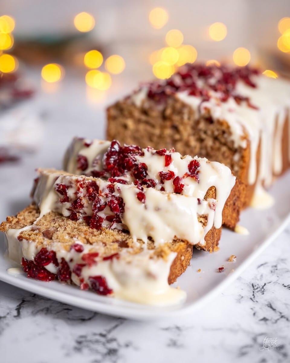 A white plate holds a two-layer slice of a light brown cake with a soft, crumbly texture. The bottom cake layer is thick and topped with a thick layer of creamy white frosting embedded with small, dark red dried fruit pieces. The top cake layer is covered with the same frosting, and more dried fruit pieces are scattered over and around the cake on the plate. The creamy frosting is smooth and slightly melted, dripping over the sides. The background is a soft white marbled texture with blurred warm yellow lights in the back. photo taken with an iphone --ar 4:5 --v 7