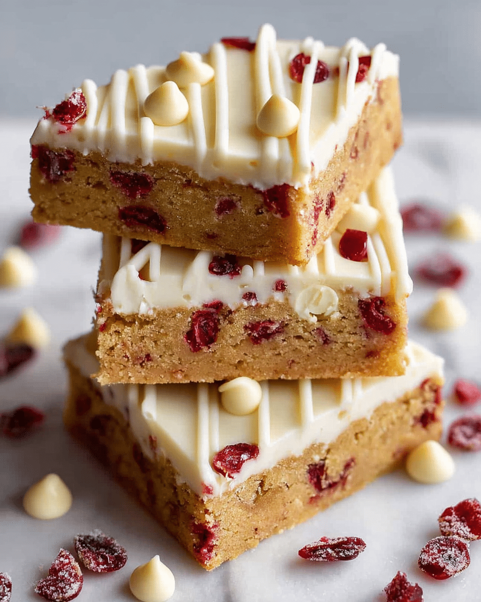 Three triangular cake slices stacked on a white marbled surface, each slice showing two layers: a golden brown base with red dried cranberries inside, and a thick, creamy white frosting on top decorated with white chocolate chips and more dried cranberries. The frosting has raised, textured lines running diagonally across the top. Some scattered dried cranberries and white chocolate chips lie around the slices. Photo taken with an iphone --ar 4:5 --v 7