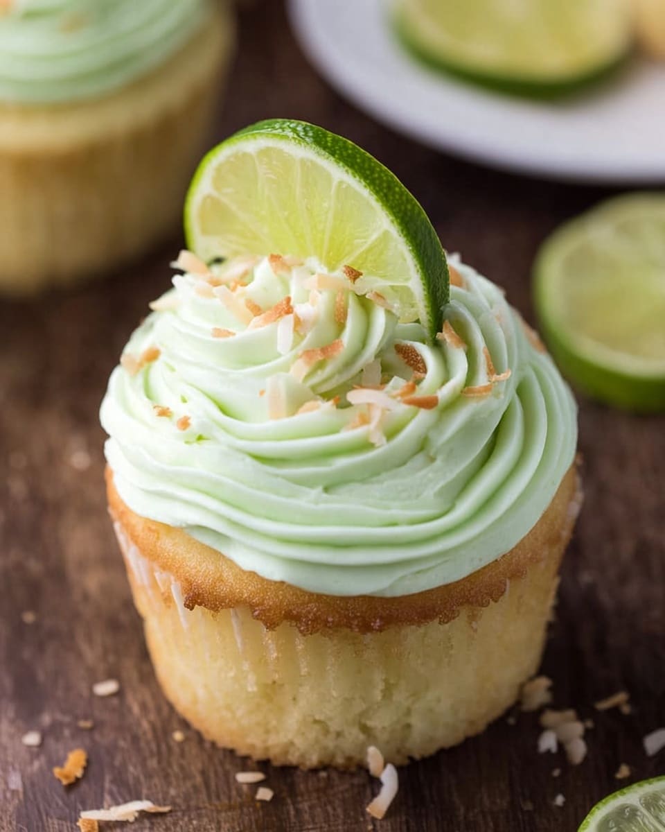 The image shows a single cupcake with a pale yellow base and a lightly textured surface. On top, there is a thick, swirled layer of light green frosting with a smooth and creamy texture, decorated with small toasted coconut flakes scattered around. A thin, fresh slice of lime rests upright on the frosting at the back. The cupcake is placed on a white plate which sits on a white marbled surface with another cupcake blurred in the background. Photo taken with an iphone --ar 4:5 --v 7