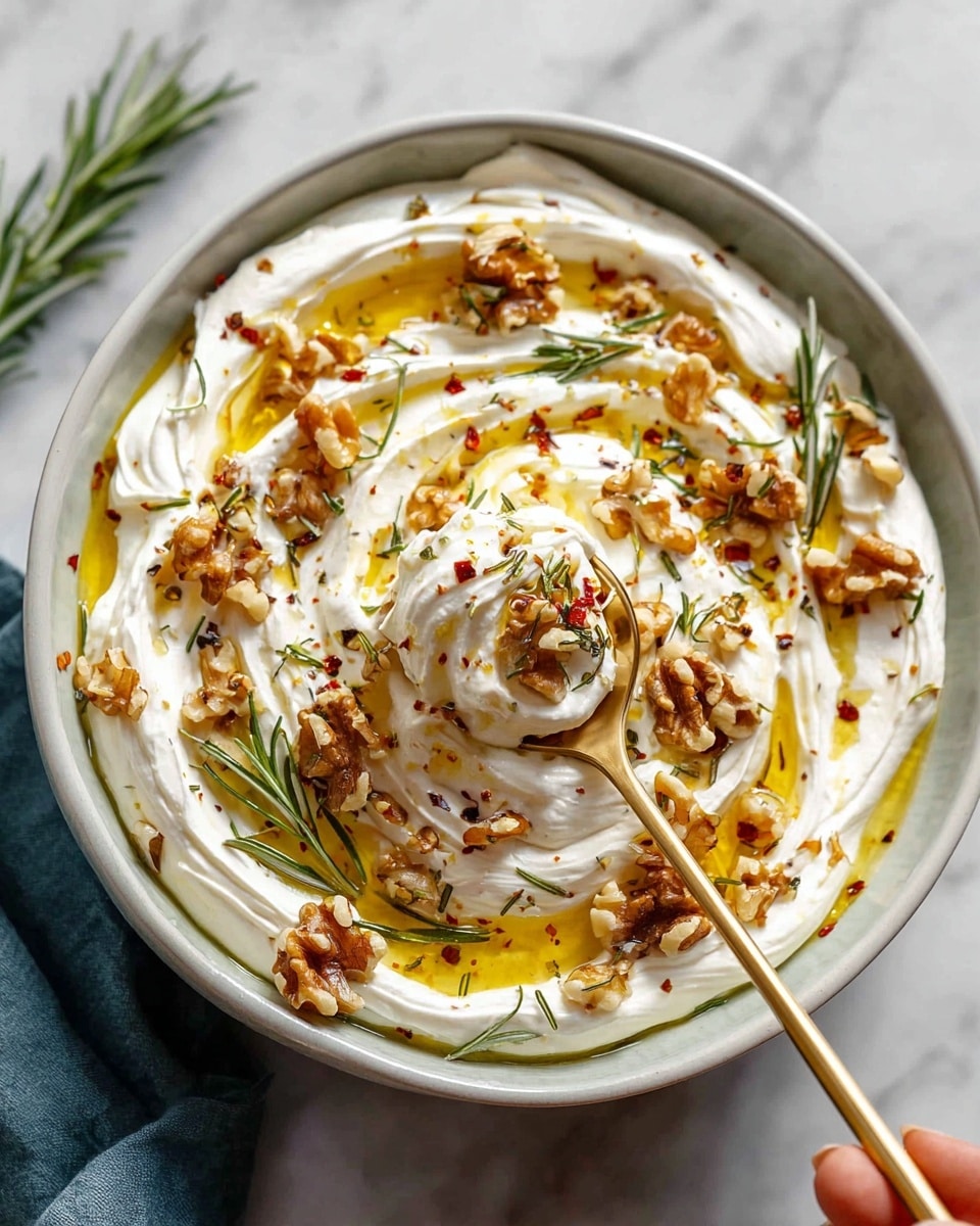 The image shows a white bowl filled with creamy, white whipped cheese spread in two thick swirling layers. Golden honey is drizzled generously on top, pooling in the swirls, adding a shiny amber brightness. Scattered over the surface are chopped light brown walnuts with rough textures and small fresh green rosemary sprigs, adding natural color contrast. A gold-colored spoon dips into the cheese, holding a rounded scoop with honey and walnut pieces visible on it. The bowl sits on a white marbled surface. photo taken with an iphone --ar 4:5 --v 7