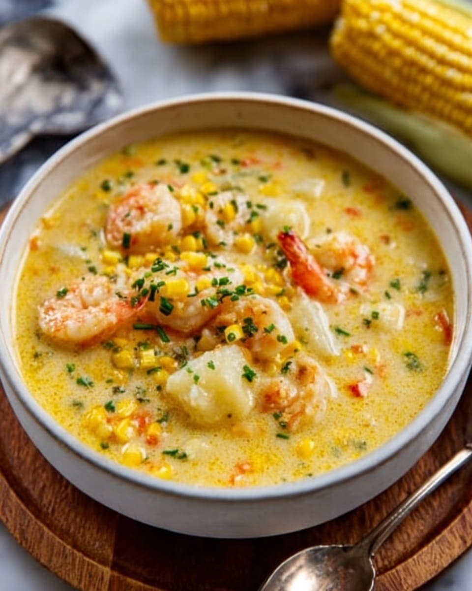The image shows a bowl of creamy soup filled with soft chunks of chicken, yellow corn kernels, small pieces of orange carrot, and green herbs sprinkled on top. The soup looks thick and smooth with a light cream color. The bowl is white, and it sits on a round wooden board, placed on a white marbled surface. There is a spoon beside the bowl, and some corn is seen blurred in the background. Photo taken with an iphone --ar 4:5 --v 7
