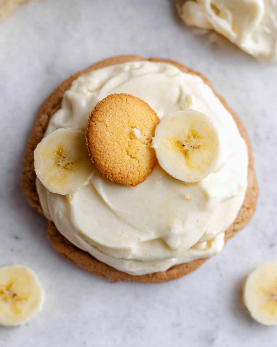 A single round cookie sits at the bottom as the first layer, pale beige and soft-looking with slight cracks on its surface. On top of it lies a thick, creamy white frosting layer with a fluffy texture, slightly uneven and spread out in a circle. At the center of this frosting is a small, round, golden-brown cookie that sits like a centerpiece. Around the main dessert, there are a few light brown banana chips scattered on a white marbled textured background. The overall look is simple and inviting, showing soft textures and light warm colors. photo taken with an iphone --ar 4:5 --v 7