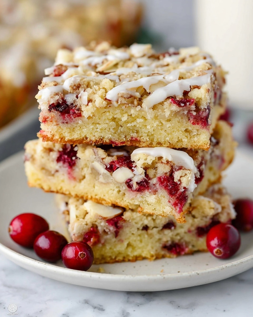 A stack of three thick square cake slices sits on a white plate with a gold rim on a white marbled surface, each slice showing three visible layers: a crumbly golden top sprinkled with light toasted almond flakes drizzled with white icing, a middle fluffy pale yellow cake layer studded with bright red cranberries, and a bottom crumbly base mixed with more cranberries. The textures contrast between the soft cake and crunchy almond topping, with three whole cranberries resting beside the slices. Photo taken with an iphone --ar 4:5 --v 7