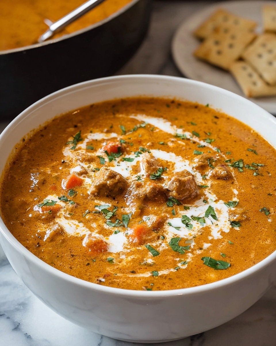 A white bowl filled with a thick, creamy orange soup featuring visible chunks of browned meat and small pieces of tomato throughout. The soup has a swirl of white cream in the center, topped with finely chopped green herbs. The bowl is placed on a surface with a white marbled texture. In the background, there is a white bowl with beige crackers partially visible. photo taken with an iphone --ar 4:5 --v 7