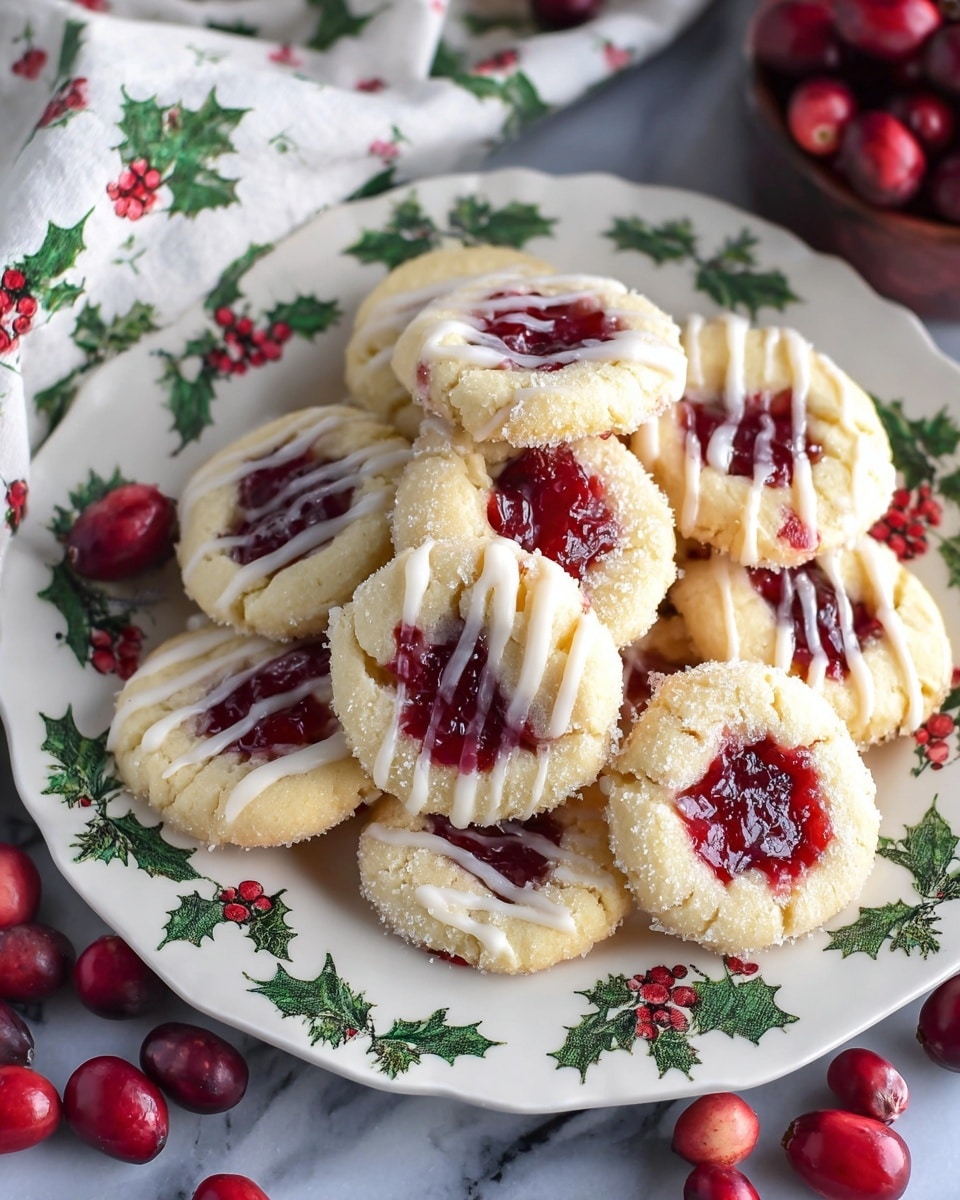 A white plate with green holly leaves and red berries print holds a pile of round thumbprint cookies. Each cookie has a light golden base coated with sugar crystals, a small well in the center filled with bright red jam, and thin white icing drizzled over the top. Fresh red cranberries are scattered around the cookies on the plate. The plate sits on a white marbled surface with some red cranberries around it, and a green holly leaf patterned napkin is visible nearby. Photo taken with an iphone --ar 4:5 --v 7