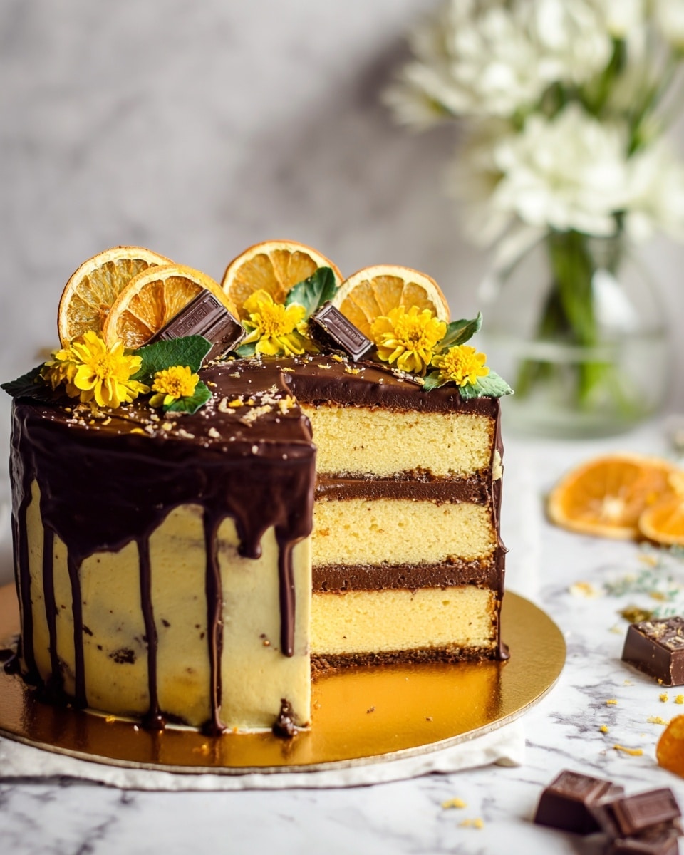A three-layer yellow cake with light texture is covered in smooth dark chocolate frosting between each layer and all around the outside. The top has dark chocolate dripping down the sides and is decorated with thin dried orange slices, dark chocolate pieces, light green leaves, and bright yellow flowers. The cake sits on a golden board placed on white parchment over a wooden cutting board, set against a white marbled texture background. Photo taken with an iphone --ar 4:5 --v 7