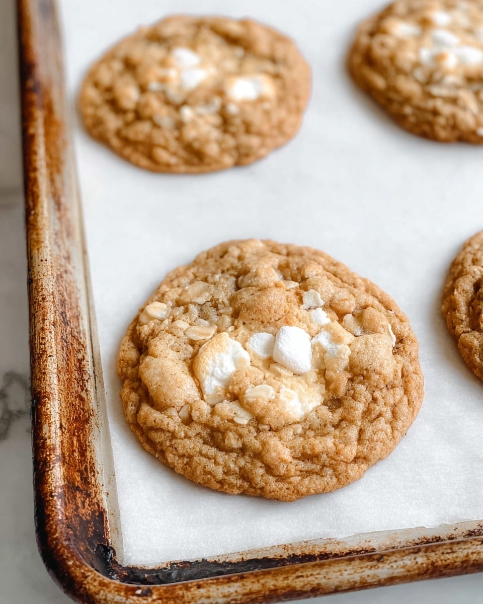 The image shows four round cookies on a baking tray lined with white parchment paper, placed on a white marbled surface. Each cookie has a golden-brown color with darker edges and a slightly chewy texture. The cookies show white, creamy spots in the center and small oats and grains scattered throughout, giving them a rough, textured look. The baking tray has a worn, rusty copper color with visible scratches and marks around the edges. photo taken with an iphone --ar 4:5 --v 7