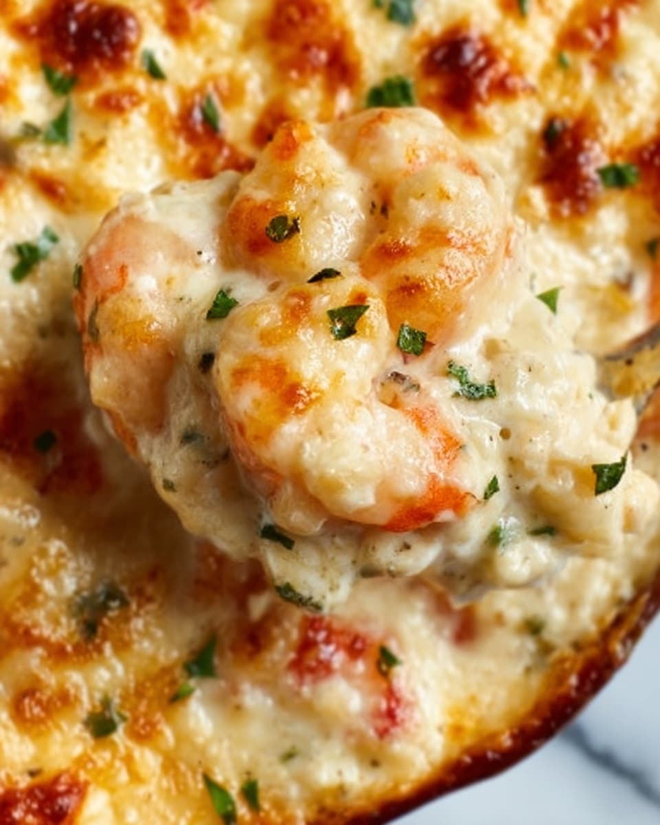 A close-up image of creamy baked shrimp, showing several shrimp covered in a thick, golden-brown cheese layer that appears bubbly and slightly crispy on top. The shrimp beneath the cheese have a pinkish color with visible small red bits, possibly peppers or seasoning, and a sprinkle of finely chopped green herbs on top. The texture looks rich and gooey with layers of melted cheese blending smoothly with the shrimp. The scene is on a white marbled surface, with a woman's hand holding a piece of shrimp pulling it gently from the dish. The focus is sharp on the cheese and shrimp, highlighting the gooey texture and slight browning. Photo taken with an iphone --ar 4:5 --v 7