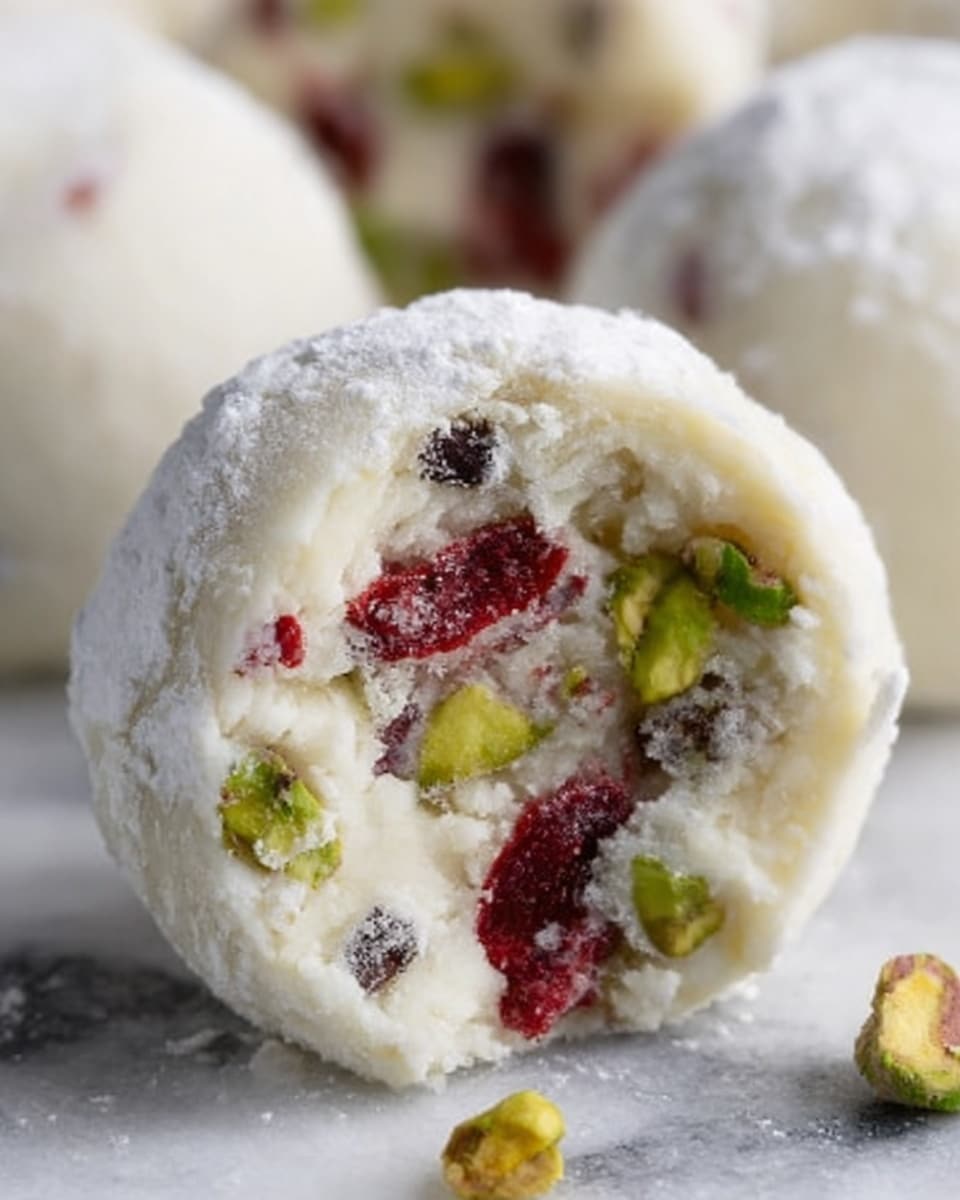 The image shows a close-up of a round white treat that looks soft and creamy with bits of red and green mixed inside. The treat is dusted with white powder and appears to be slightly broken to show a texture filled with small colorful pieces, mostly red and green, scattered throughout the creamy white base. The background is a white marbled texture with other similar treats blurred behind it. A woman's hand is gently holding the treat from the side. Photo taken with an iphone --ar 4:5 --v 7