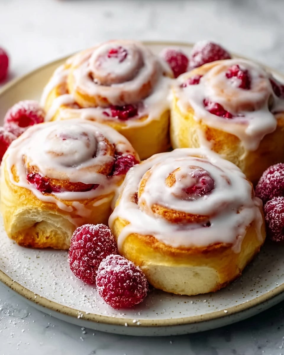 The image shows four golden brown cinnamon rolls on a white plate, each topped with a white glaze that drips down the sides in smooth layers. The rolls have swirls of red filling visible between the layers of dough. On top of each roll sits a fresh, bright red raspberry with a dusting of white powdered sugar, and several more raspberries are scattered around the plate. The white plate sits on a white marbled background, adding a clean and fresh feel to the scene. Photo taken with an iphone --ar 4:5 --v 7