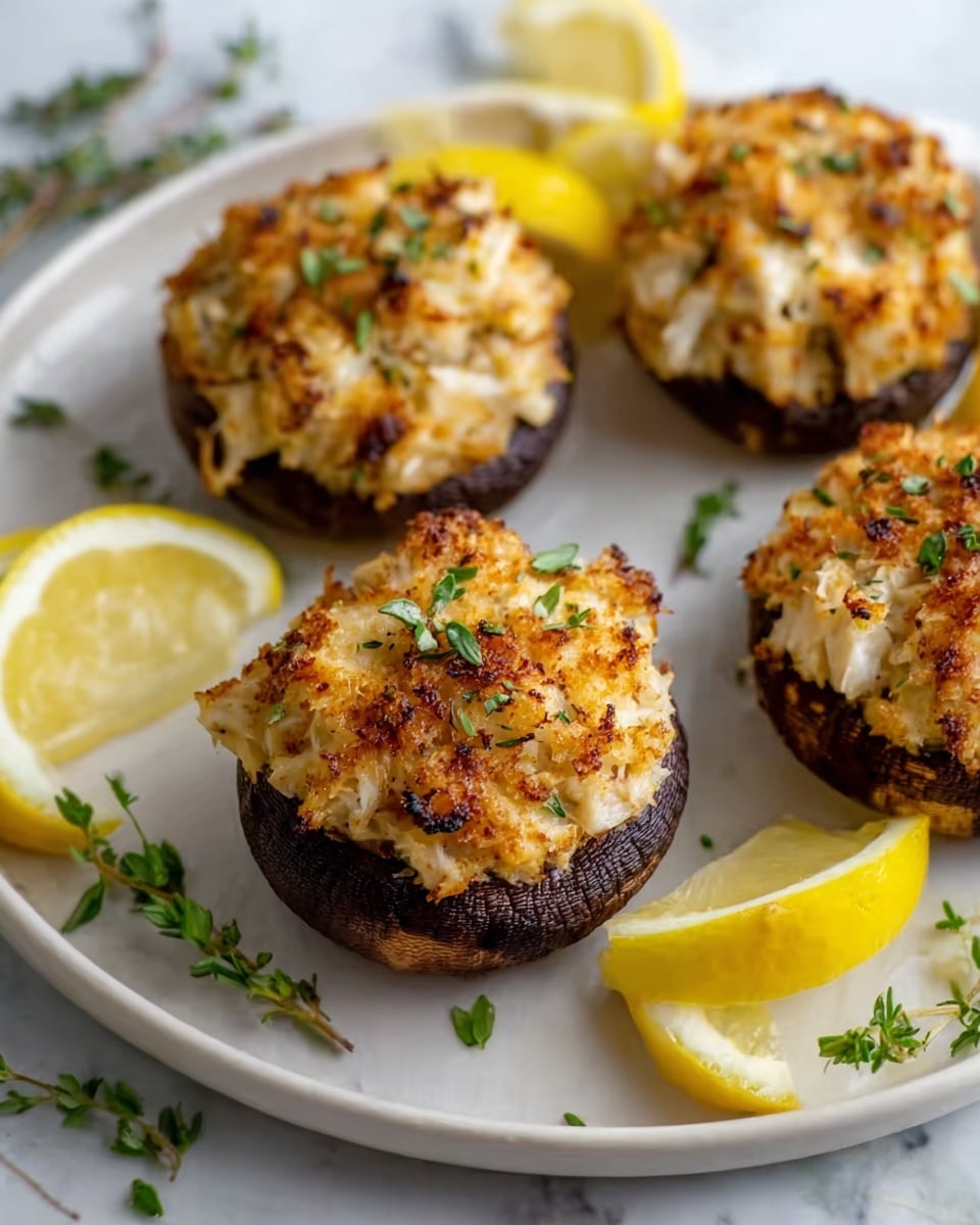 Four stuffed mushrooms are arranged on a white plate with a white marbled surface underneath. Each mushroom cap holds a creamy, golden-browned mixture with a slightly crispy top, speckled with green herbs and small bits of browned crust. The mushrooms have dark brown edges that contrast with the lighter filling. Around the mushrooms, there are fresh green herb sprigs and lemon wedges adding bright yellow color. The overall look is warm and appetizing with a mix of soft and crunchy textures. Photo taken with an iphone --ar 4:5 --v 7