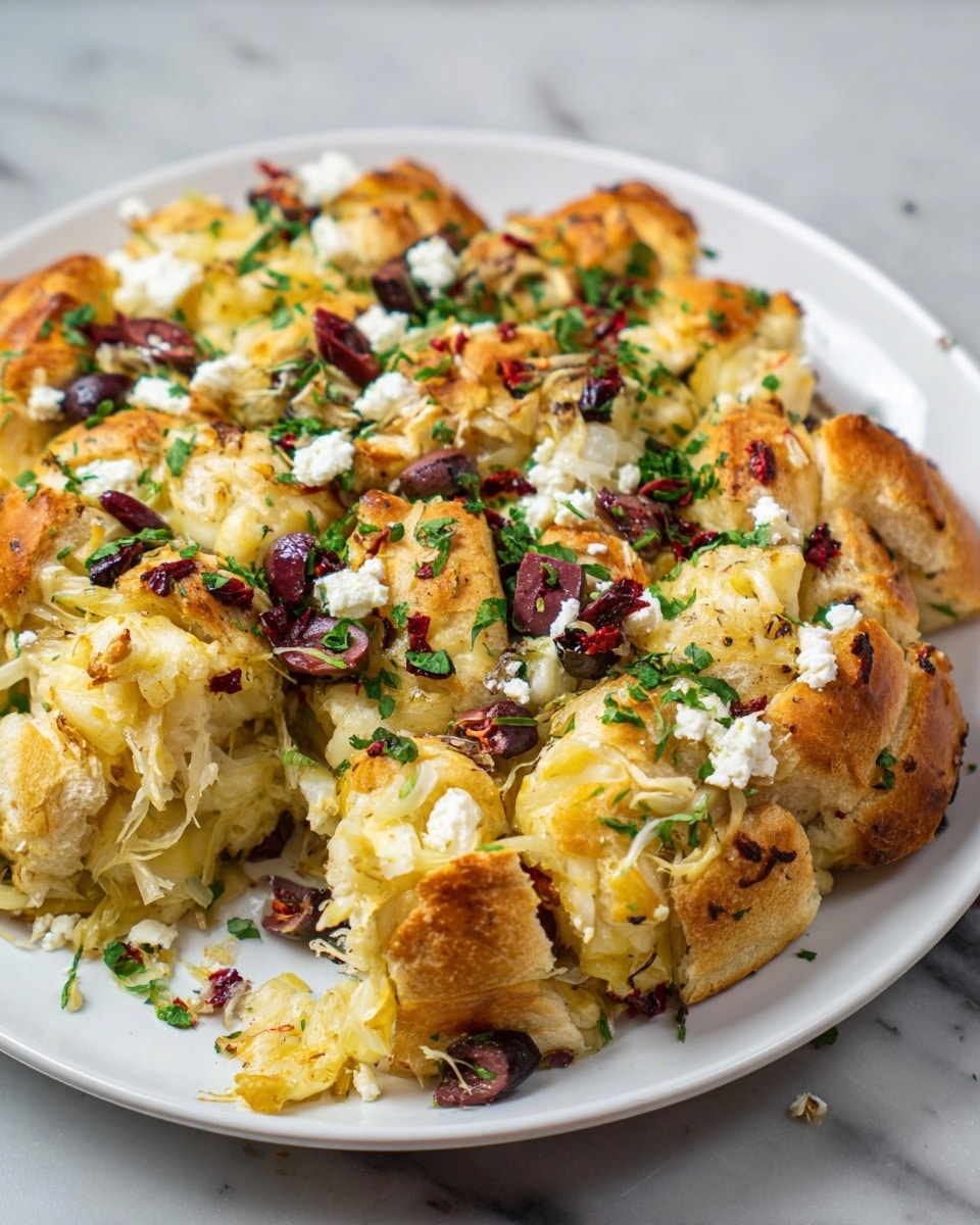 A close-up view of a white plate filled with a pull-apart bread dish consisting of around three layers. The base shows a golden-brown baked bread with a soft, slightly flaky texture. Between the bread layers, melted yellow cheese weaves through and stretches out in strands. Scattered on top and inside are chunks of white cheese, dark purple olives, and small pieces of sun-dried tomatoes. The bread is sprinkled with chopped green herbs and bits of cooked onions, giving varied green and pale yellow colors. The bread pieces appear soft and moist, with slightly browned tops. The plate sits on a white marbled texture surface, with a blurred white cloth with blue stripes in the background. photo taken with an iphone --ar 4:5 --v 7