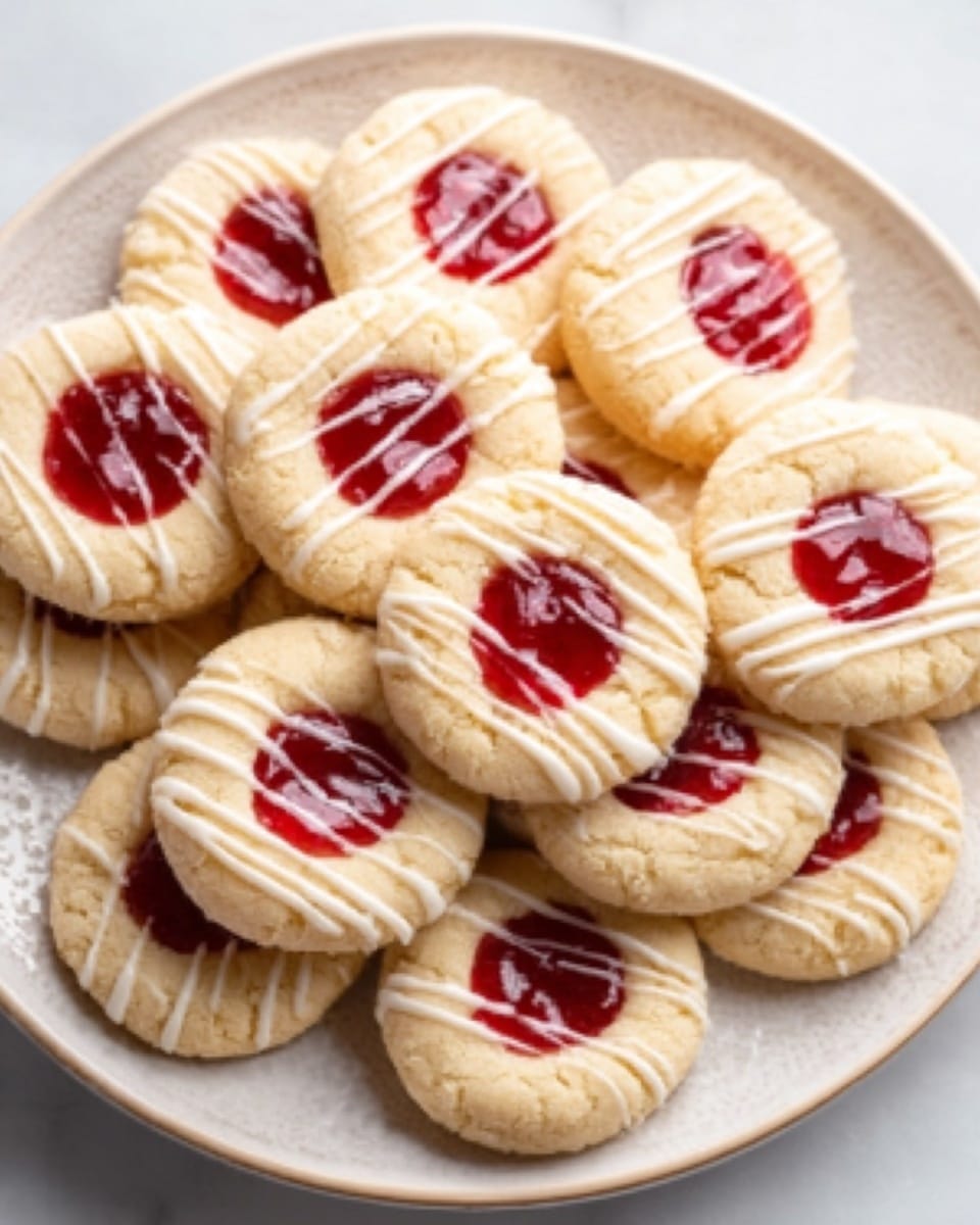 A white round plate holds a group of small round cookies arranged closely together on crumpled parchment paper. Each cookie has a beige outer ring with delicate ridges and a smooth texture, filled with a bright red jelly or jam in the center. White thin lines of icing are drizzled diagonally across the top of all the cookies, adding a touch of contrast. The plate is placed on a white marbled surface. photo taken with an iphone --ar 4:5 --v 7