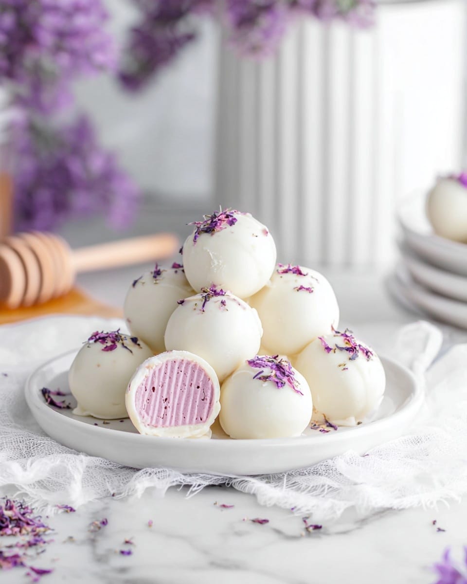 A stack of round white chocolate coated balls sits on two stacked white plates. Each ball is smooth, shiny, and decorated with tiny purple flower petals on top. One ball is cut open, showing a thick layer of soft, textured pale pink filling inside. The plates rest on a white textured cloth on a white marbled surface. Small purple flower sprigs are placed delicately around the plates. A wooden honey dipper and a tall white ribbed mug are visible blurred in the background, with more purple flowers softly out of focus. Photo taken with an iphone --ar 4:5 --v 7