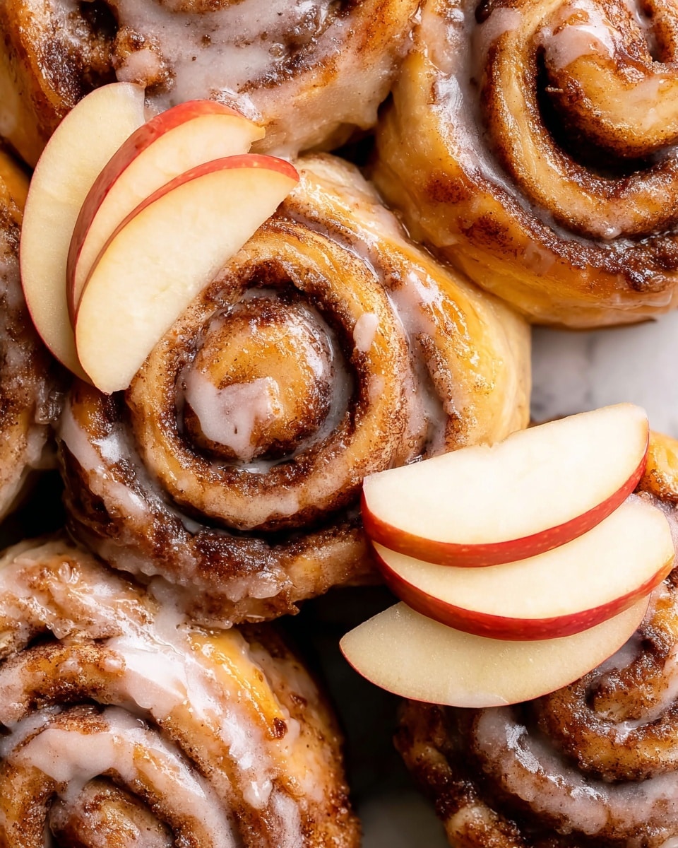 The image shows a close-up of several cinnamon rolls with a golden brown dough spiraled around a dark brown cinnamon filling. Each roll is covered with a thin layer of shiny white icing that drips slightly down the sides. Light dustings of cinnamon sugar add a grainy texture on top of the rolls. On top of the cinnamon rolls, there are fresh apple slices arranged in pairs, with the apple skin showing a red and yellow gradient, and the inside is a pale creamy color. The background is a white marbled texture. photo taken with an iphone --ar 4:5 --v 7