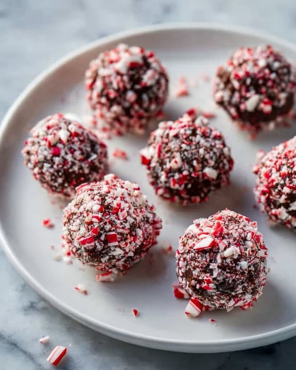 The image shows six round chocolate truffles covered in crushed red and white candy pieces, placed on a white plate. Each truffle has an uneven, slightly rough texture due to the candy coating, and the red and white pieces create a bright, speckled look over the dark chocolate beneath. The plate sits on a white marbled surface, giving a clean and elegant background that contrasts with the colorful treats. Some small bits of the crushed candy have fallen onto the plate around the truffles. photo taken with an iphone --ar 4:5 --v 7