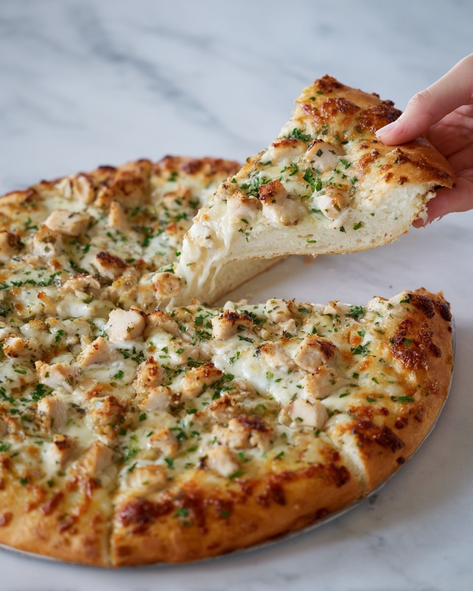 A pizza with two layers of toppings on a golden brown crust is shown. The base layer has melted white cheese covering the entire round pizza, with an even texture. On top, there are small chunks of light brown cooked chicken and scattered green herbs adding contrast. The crust edges are thick and slightly puffed, showing a baked texture with a few darker spots. A woman's hand is holding a white slice above the pizza, ready to serve. The scene is set on a white marbled surface. photo taken with an iphone --ar 4:5 --v 7